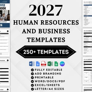 Könnte beinhalten: Eine digitale Sammlung von 2027 Personal- und Geschäftsvorlagen mit über 250 Dokumenten. Enthält ein Mitarbeiterhandbuch, SMART-Ziele, Standardarbeitsanweisungen, Gewinn- und Verlustrechnungen, Checklisten für neue Mitarbeiter und Mentorenpläne.