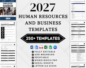 May include: A digital collection of 2027 human resources and business templates featuring over 250 documents. Includes an employee handbook, smart goals, standard operating procedures, profit and loss statements, new hire checklists, and mentor plans.