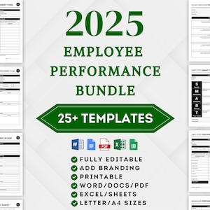 May include: A collage of 2025 Employee Performance Bundle templates. The bundle includes 25+ templates for self-assessment, improvement plans, smart goals, performance evaluations, and more. The templates are fully editable, printable, and available in Word, PDF, and Excel formats. The templates are designed for letter and A4 sizes.
