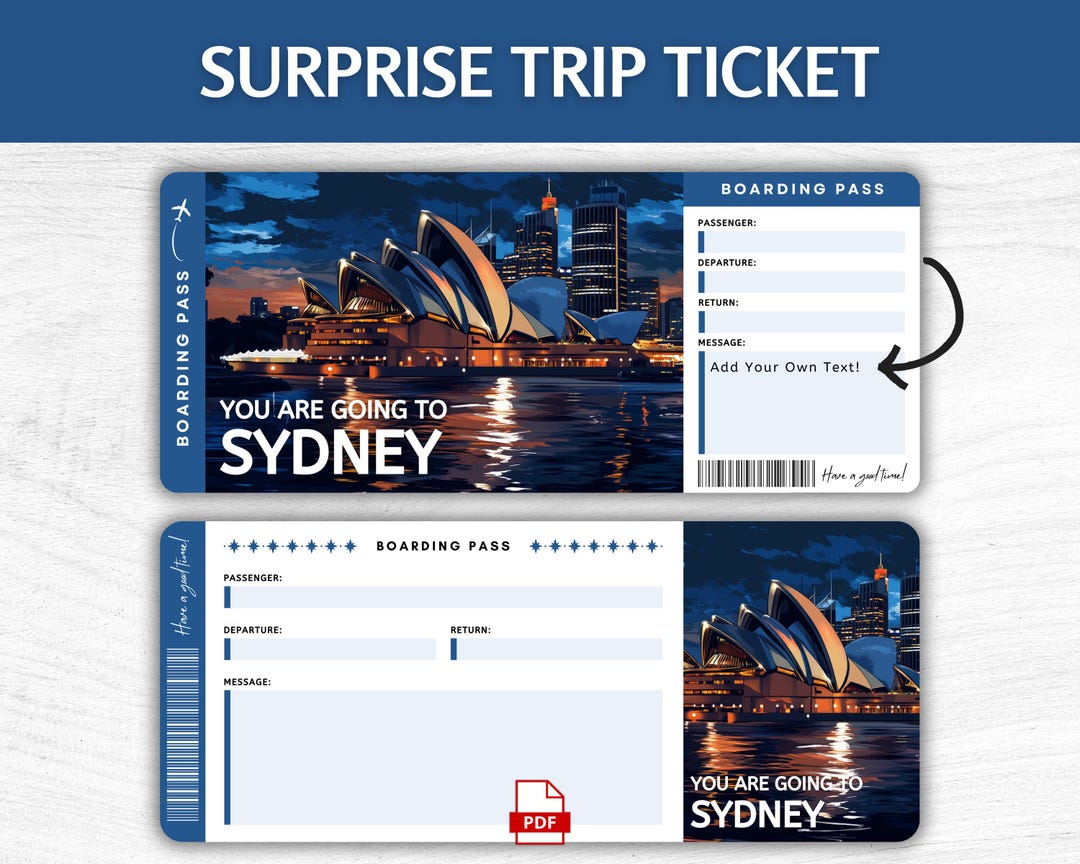 Printable Sydney Surprise Gift Ticket, Editable Australia Vacation ...