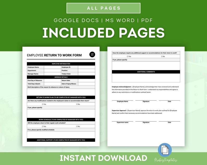 Employee Return to Work Form Template, Back-to-work Form, Return-to ...