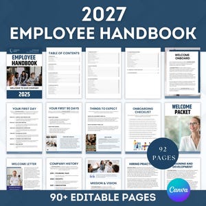 Op de afbeelding: Een 2027 werknemershandboek-sjabloon met 92 bewerkbare pagina's. Het document bevat secties voor een inhoudsopgave, welkomstpakket, onboarding-checklist, bedrijfsgeschiedenis, missie en visie, en wervingspraktijken met professionele lay-outs.