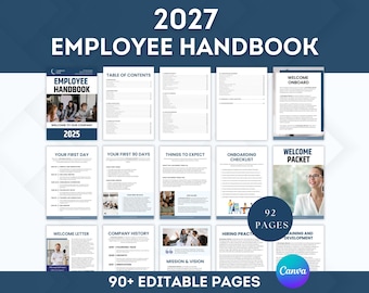 Könnte beinhalten: Eine 2027 Mitarbeiterhandbuch-Vorlage mit 92 bearbeitbaren Seiten. Das Dokument enthält Abschnitte für ein Inhaltsverzeichnis, ein Willkommenspaket, eine Onboarding-Checkliste, die Firmengeschichte, Mission und Vision sowie Einstellungspraktiken.