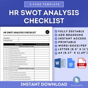 Op de afbeelding: Een printbare HR SWOT-analysechecklist-sjabloon in een blauw-wit kleurenschema. De checklist is volledig bewerkbaar en bevat secties voor sterke punten, zwakke punten, kansen en bedreigingen. De sjabloon is beschikbaar in Word, PDF en Letter-formaten.