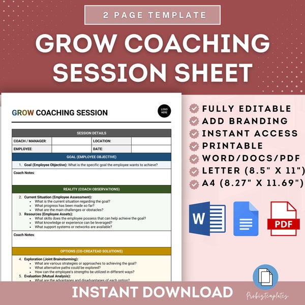 Vorlage für Mitarbeiter-Coaching-Sitzungen, GROW-Coaching-Modell, Vorlage für Mitarbeiterentwicklungs-Meetings, Vorlage für Mentoring-Sitzungen