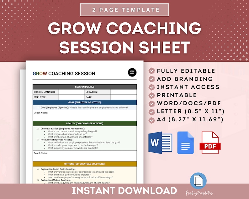 Per Session Sheet.pdf Employee Coaching Session Sheet Template, GROW Coaching Model, Employee ...