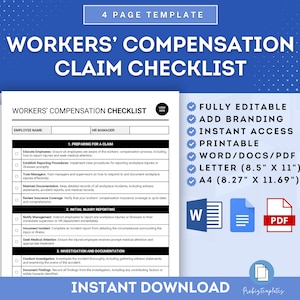 Puede incluir: Una plantilla de lista de verificación azul y blanca para reclamos de compensación de trabajadores. La lista de verificación incluye secciones para la preparación de un reclamo, el informe inicial de lesiones y la investigación y documentación. La plantilla es totalmente editable, imprimible y está disponible en los tamaños Word, PDF, Carta y A4.