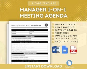 Plantilla de agenda de reuniones 1 a 1 del gerente, agenda de reuniones uno a uno del supervisor, formato de reunión gerencial, reunión de personal, reunión de proyecto