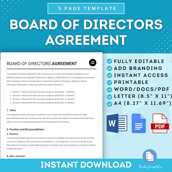 Board Of Directors Agreement Template, Board Governance Contract, Directorship Agreement Template, Board Charter, Executive Governing Board