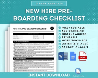 Puede incluir: Una lista de verificación imprimible para la pre-integración de nuevos empleados. La lista de verificación incluye secciones para la información del empleado, la preparación previa a la integración y las tareas administrativas. La lista de verificación es totalmente editable y está disponible en los tamaños Word, PDF y Carta.