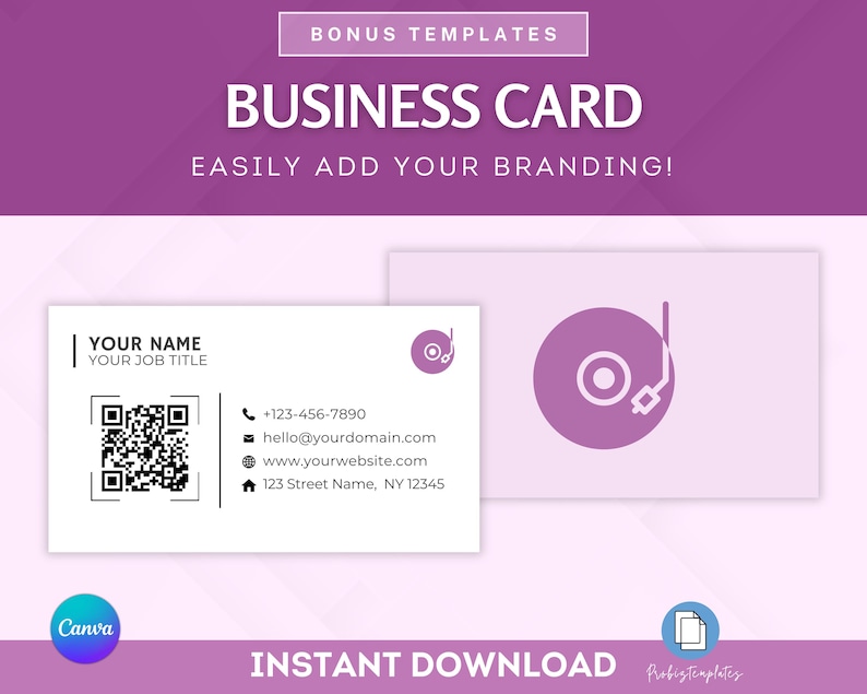 May include: A white business card template with a purple record player icon. The card includes space for your name, job title, phone number, email address, website, and address. The text "BONUS TEMPLATES" and "BUSINESS CARD" is at the top of the image. The text "EASILY ADD YOUR BRANDING!" is below the title. The text "INSTANT DOWNLOAD" is at the bottom of the image.