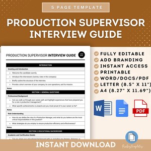 Puede incluir: Una guía de entrevista imprimible para un puesto de supervisor de producción. La guía incluye secciones para el saludo y la introducción, la experiencia profesional, la comprensión del rol y la formación. La guía está disponible en los formatos Word, PDF y Carta. El documento es totalmente editable e incluye opciones de marca.