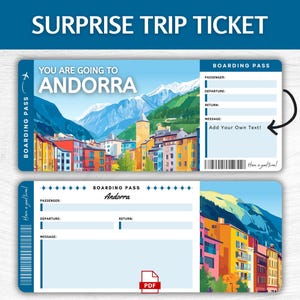 Billet cadeau surprise Andorre imprimable, carte d'embarquement modifiable pour les Pyrénées, carte d'embarquement pour les vacances en Andorre imprimable, billet de voyage en Andorre