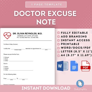 Ausfüllbare Arzt Entschuldigung, Arzt Entschuldigung Arbeit Schule, Arzt Note Vorlage, Entschuldigung Brief, ausfüllbare PDF Arzt Note, Word, Google Docs