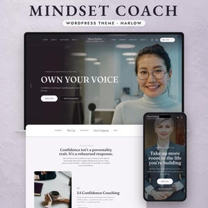 Pode incluir: Uma exibição digital do tema WordPress Mindset Coach Harlow, com uma tela de laptop mostrando um site com o texto Own Your Voice e uma tela de celular exibindo o texto Take up more room in the life you're building.