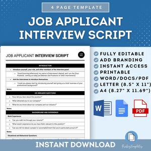 Pode incluir: Um modelo de script de entrevista para candidatos a emprego, imprimível nos formatos Word, PDF e Letter. O modelo inclui seções para introdução, perguntas para quebrar o gelo, histórico e experiência, e perguntas situacionais e comportamentais. O modelo é totalmente editável e inclui acesso de download instantâneo.