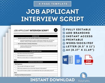 Plantilla de guión de entrevista de solicitante de empleo, guión de preguntas de entrevista, guía de entrevista de candidato, plantilla de entrevista de trabajo