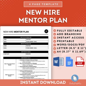 Op de afbeelding: Een printbare sjabloon voor een nieuw medewerkers mentorplan in Word, PDF en Letter formaten. De sjabloon bevat secties voor werknemersinformatie, mentorperiode, doelen en doelen op korte en middellange termijn.