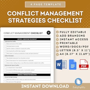 Puede incluir: Una lista de verificación imprimible para estrategias de gestión de conflictos. La lista de verificación se divide en dos secciones: Identificar el conflicto y Prepararse para la resolución. La lista de verificación está disponible en tamaño Word, PDF y Carta. El texto "FULLY EDITABLE, ADD BRANDING, INSTANT ACCESS, PRINTABLE, WORD/DOCS/PDF, LETTER (8.5" X 11"), A4 (8.27" X 11.69")" es visible en el lado derecho de la imagen.