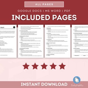 May include: A red and white digital download template for a vehicle fleet policy. The template includes a title page with the text "Vehicle Fleet Policy" and a list of included pages. The template is available in Google Docs, MS Word, and PDF formats.