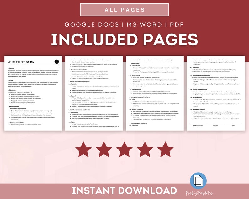 May include: A red and white digital download template for a vehicle fleet policy. The template includes a title page with the text "Vehicle Fleet Policy" and a list of included pages. The template is available in Google Docs, MS Word, and PDF formats.