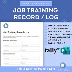May include: A blue and white digital download for a job training record or log. The document is fully editable, includes branding options, and is compatible with Microsoft Forms and Tally.