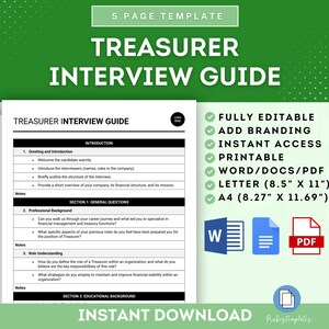 Peut inclure: Un guide d'entretien imprimable en noir et blanc pour un poste de trésorier. Le guide comprend des sections pour les salutations et l'introduction, les questions générales, l'expérience professionnelle, la compréhension du rôle et la formation. Le guide est disponible en formats Word, PDF et Lettre. Le texte "INSTANT DOWNLOAD" est en bas de la page.