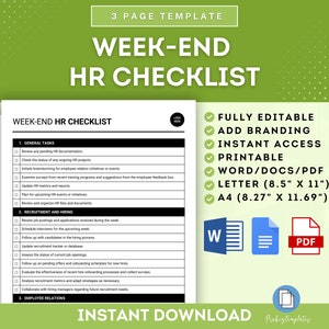 Op de afbeelding: Een groene en witte checklist-sjabloon voor HR-taken in het weekend. De checklist bevat secties voor algemene taken, werving en selectie en personeelsrelaties. De sjabloon is volledig bewerkbaar, afdrukbaar en beschikbaar in de formaten Word, PDF, Letter en A4.