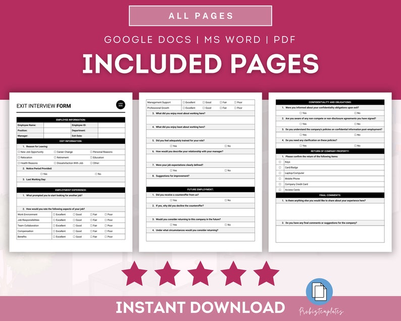 Exit Interview Form Template, Employee Exit Survey, Exit Questionnaire ...