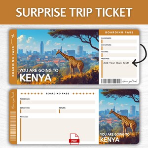 Biglietto regalo a sorpresa per il Kenya stampabile, biglietto d'imbarco per le vacanze a Nairobi modificabile, pass per la fuga in Kenya stampabile, biglietto regalo per un viaggio in Africa