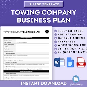 Pode incluir: Um modelo de plano de negócios imprimível para uma empresa de reboque. O modelo é totalmente editável e inclui seções para um resumo executivo, uma descrição da empresa, produtos e serviços, e um resumo financeiro. O modelo está disponível em Word, PDF e tamanho Carta.