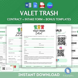 Peut inclure: Un téléchargement numérique de modèles imprimables pour un service de collecte de déchets. Les modèles comprennent un contrat, un formulaire d'admission, une facture et des options de colis. Le design est de couleur verte et blanche avec une image de poubelles en dessin animé.