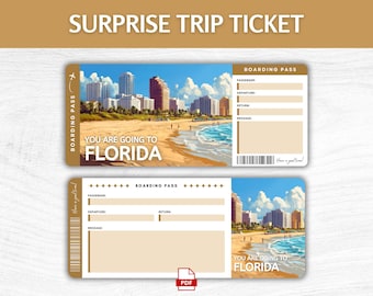 May include: A printable surprise trip ticket with a beach scene and the text "You are going to Florida".