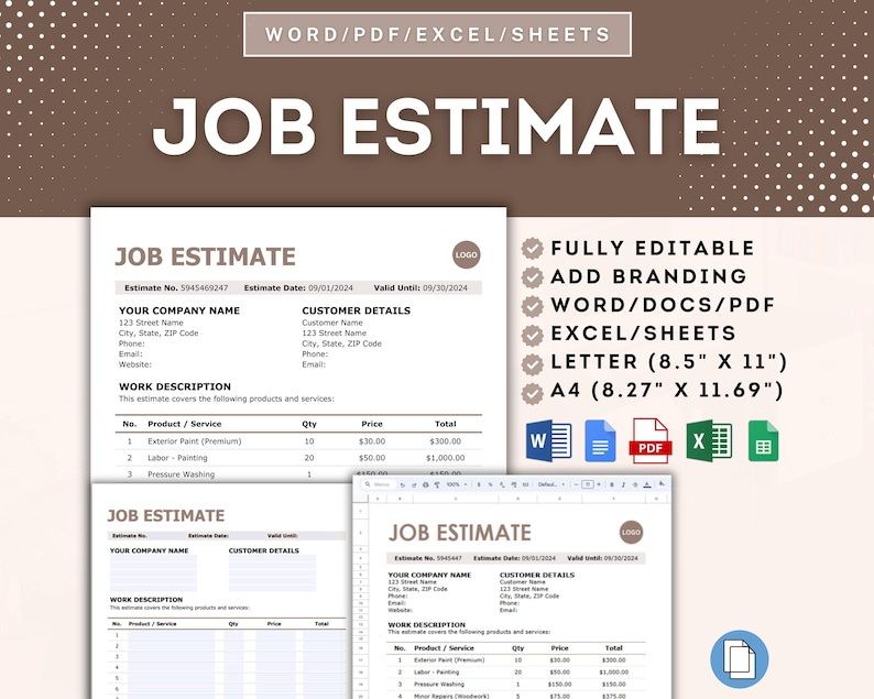 Puede incluir: Una plantilla de presupuesto de trabajo en formatos Word, PDF y Excel. La plantilla incluye secciones para el nombre de tu empresa, los datos del cliente, la descripci&oacute;n del trabajo, el producto/servicio, la cantidad, el precio y el total. La plantilla es totalmente editable e incluye opciones de marca. La plantilla est&aacute; disponible en tama&ntilde;os Carta (8,5" x 11") y A4 (8,27" x 11,69").