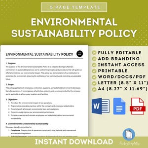 Puede incluir: Una plantilla verde y blanca para una Política de Sostenibilidad Ambiental. La plantilla es totalmente editable, imprimible e incluye opciones de marca. La plantilla está disponible en los formatos Word, PDF, Carta (8,5 x 11 pulgadas) y A4 (8,27 x 11,69 pulgadas).