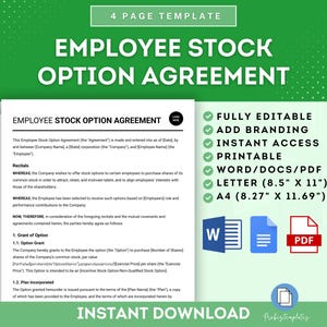 May include: A green and white digital download template for an employee stock option agreement. The template is fully editable, printable, and available in Word, PDF, and Letter and A4 sizes. The text on the template reads "Employee Stock Option Agreement".