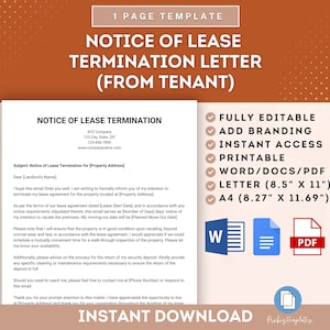 Aviso de terminación del contrato de arrendamiento Carta del inquilino, Aviso de finalización del contrato de arrendamiento por parte del inquilino, Aviso de terminación del contrato de arrendamiento para el inquilino, Terminación del contrato de alquiler