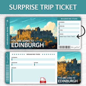 Billet cadeau surprise pour Édimbourg, carte d'embarquement pour les vacances en Écosse modifiable, pass escapade à Édimbourg imprimable, billet cadeau voyage au Royaume-Uni