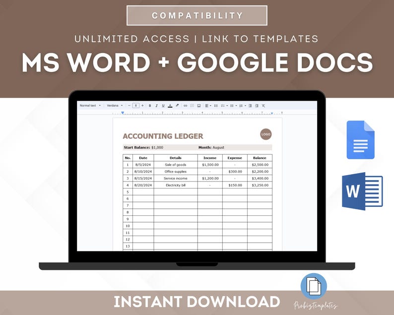 K&ouml;nnte beinhalten: Ein Laptop-Bildschirm zeigt eine Tabellenvorlage f&uuml;r ein Buchungsjournal. Die Tabelle ist mit "Buchungsjournal" betitelt und enth&auml;lt Spalten f&uuml;r Datum, Details, Einnahmen, Ausgaben und Saldo. Die Tabelle ist kompatibel mit Microsoft Word und Google Docs. Der Text "Unbegrenzter Zugriff | Link zu Vorlagen" wird &uuml;ber der Tabelle angezeigt. Der Text "MS Word + Google Docs" wird in gro&szlig;en Buchstaben oben auf dem Bildschirm angezeigt. Der Text "Sofortiger Download" wird unten auf dem Bildschirm angezeigt.