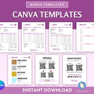 May include: A set of Canva templates for business owners. The templates include an invoice, receipt, quote, price list, social media post, and a scan to pay option. The templates are in a pink and white color scheme.