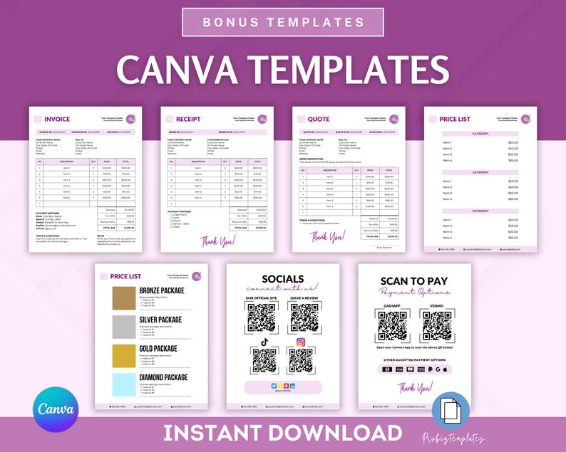 May include: A set of Canva templates for business owners. The templates include an invoice, receipt, quote, price list, social media post, and a scan to pay option. The templates are in a pink and white color scheme.