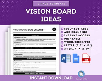 May include: A digital template titled "VISION BOARD IDEAS" with a checklist and supporting text. The design includes a purple background with white text and icons. The template is available in Word/Docs/PDF formats, and in Letter (8.5" x 11") and A4 (8.27" x 11.69") sizes.