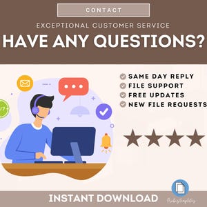 Puede incluir: Ilustraci&oacute;n de un representante de atenci&oacute;n al cliente en una computadora con auriculares. El texto dice "Contacto" y "Servicio al cliente excepcional" y "&iquest;Tiene alguna pregunta?" El texto tambi&eacute;n dice "Respuesta el mismo d&iacute;a", "Soporte de archivos", "Actualizaciones gratuitas" y "Nuevas solicitudes de archivos". Se muestran cinco estrellas debajo del texto. El texto "Descarga instant&aacute;nea" est&aacute; en la parte inferior de la imagen.