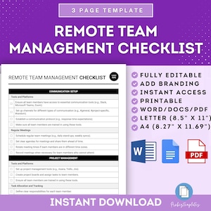 Może przedstawiać: Lista kontrolna do zarządzania zespołem zdalnym. Lista kontrolna jest podzielona na dwie sekcje: Konfiguracja komunikacji i Zarządzanie projektami. Lista kontrolna jest w pełni edytowalna, do wydruku i dostępna w formatach Word, PDF, Letter i A4.
