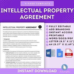 May include: A purple and white digital download template for an Intellectual Property Agreement. The template is fully editable, printable, and available in Word, PDF, and Letter sizes. The text on the template reads "Intellectual Property Agreement" and "Instant Download".