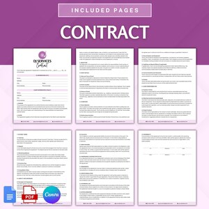 May include: A DJ Services Contract template with a purple and white color scheme. The contract includes sections for client information, event details, and payment terms. The document is available in Word, PDF, and Canva formats.