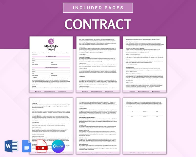 May include: A DJ Services Contract template with a purple and white color scheme. The contract includes sections for client information, event details, and payment terms. The document is available in Word, PDF, and Canva formats.