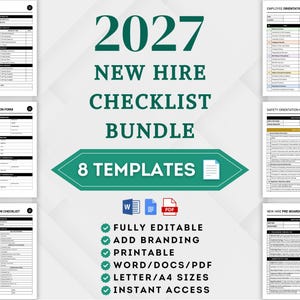 Op de afbeelding: Een 2027 New Hire Checklist Bundle met 8 sjablonen voor werknemersoriëntatie en onboarding. De set bevat formulieren voor informatie, veiligheid en pre-boarding, met iconen voor Word, Docs en PDF-formaten op een witte achtergrond.
