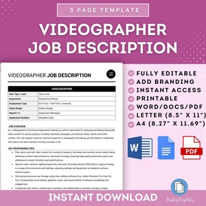 Puede incluir: Una plantilla de descripción de trabajo de videógrafo imprimible en rosa y blanco. La plantilla es totalmente editable e incluye opciones de marca. La plantilla está disponible en los formatos Word, PDF, Letter (8,5" x 11") y A4 (8,27" x 11,69").