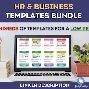 May include: A laptop computer displaying a variety of HR and business templates. The screen shows a grid of colorful documents with titles like "Employee Promotion Letter", "Employee Understanding Signing", and "New Hire Information Form". The text "HUNDREDS OF TEMPLATES FOR A LOW PRICE" is displayed at the top of the image.